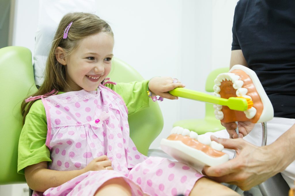 Dentist Teaching a Young Girl How To Properly Brush Her Teeth