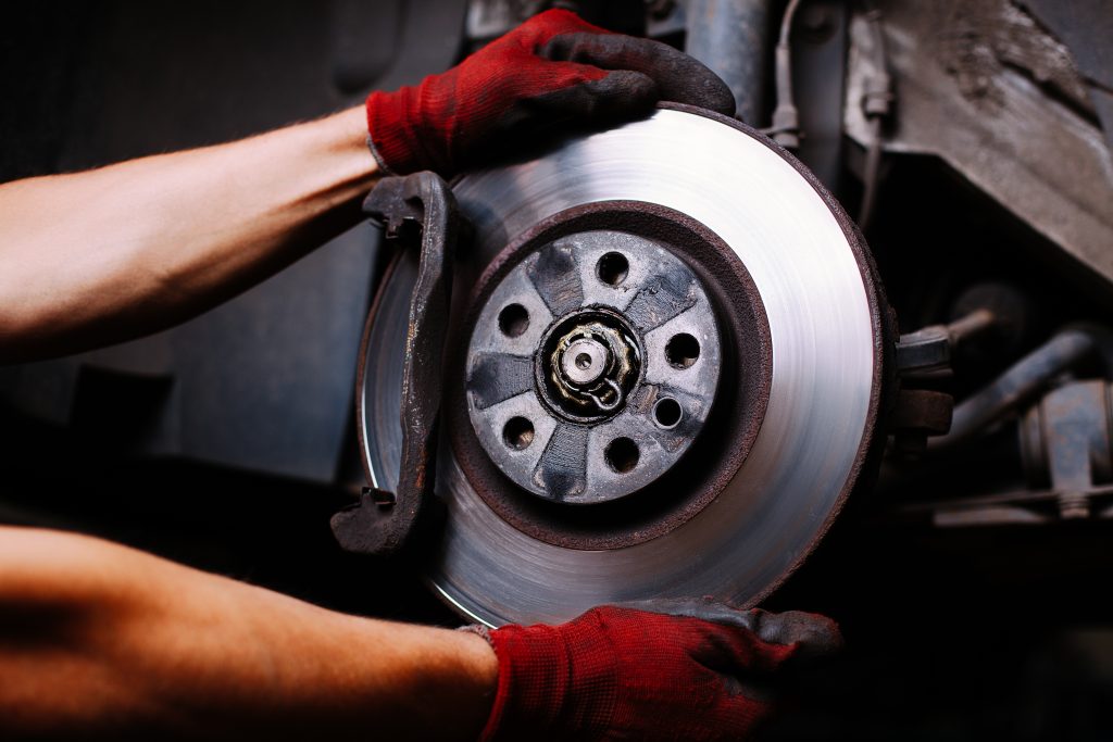 A car's brakes being repaired