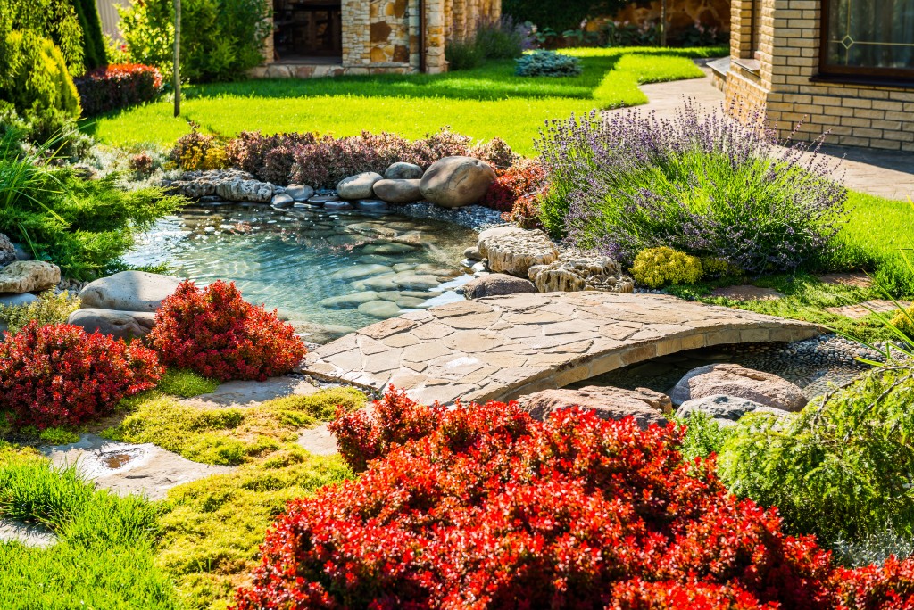 backyard landscape with artificial pond