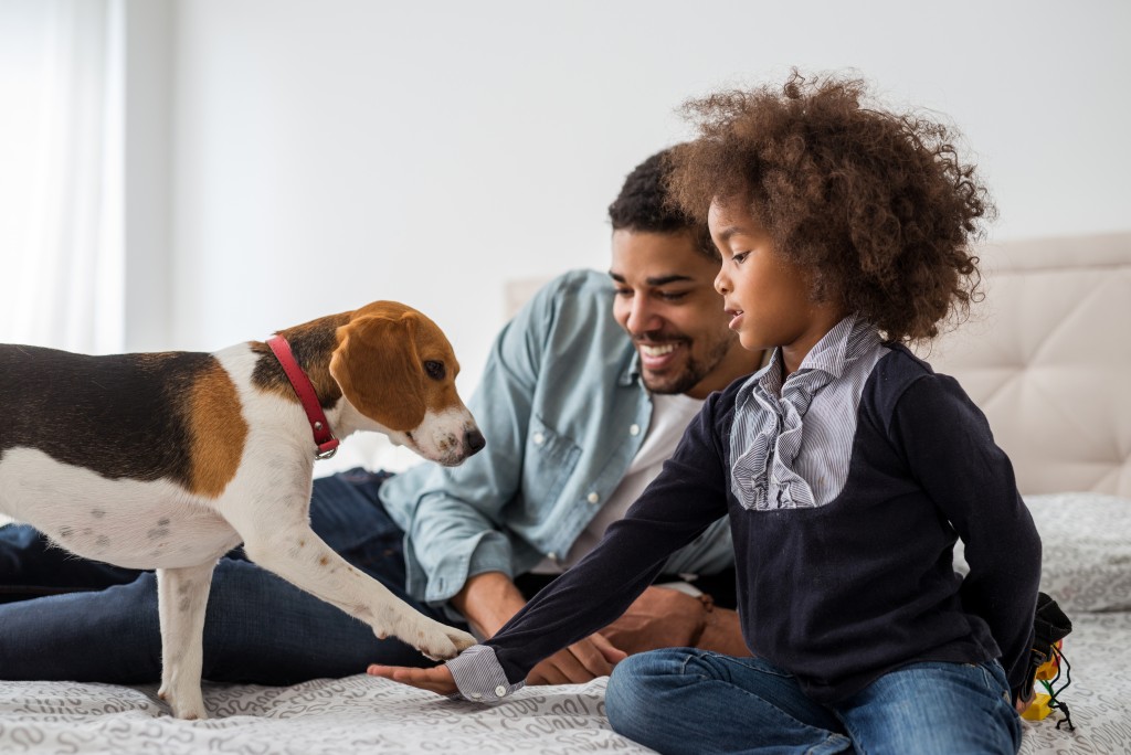 Father and daughter playing with their puppy