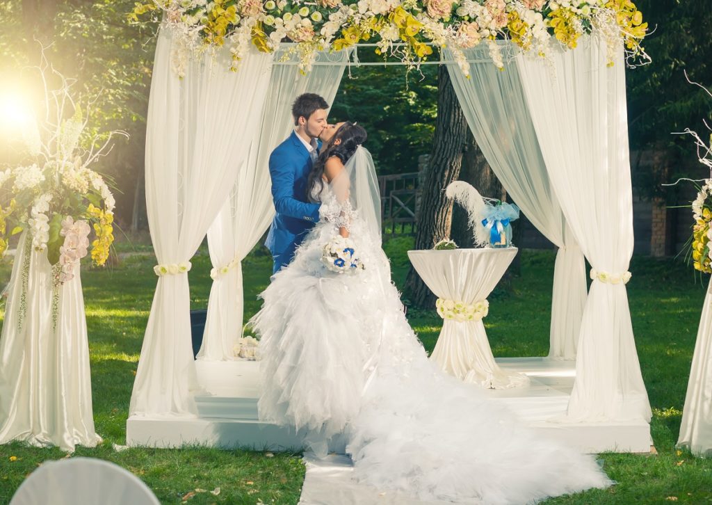 bride and groom kissing